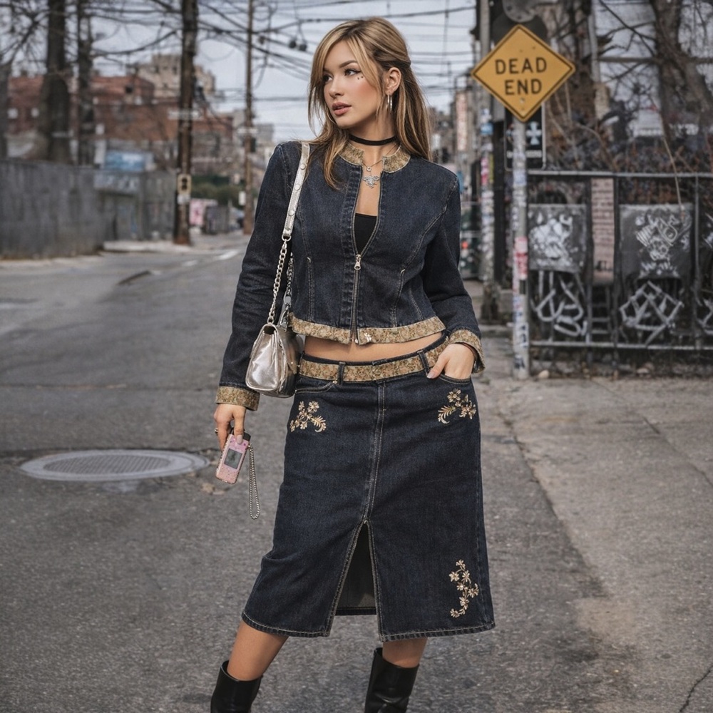 Willi Smith Denim Jacket & Embroidered‎ Midi Skirt Set Boho Artsy DS1